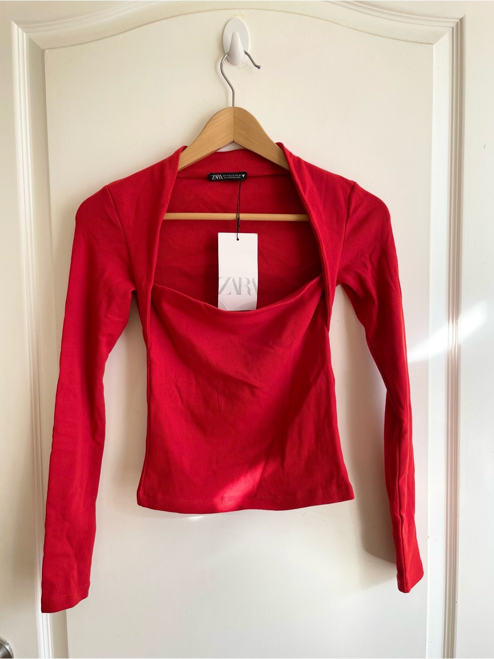 Zara Y2K Cotton Square Neck Ribbed Long Sleeve Top Red Orange Size S Stretch